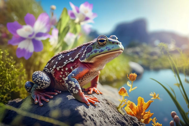 Kolorowa żaba stojąca na skale otoczona kwiatami i rzeką w tle Generative Ai