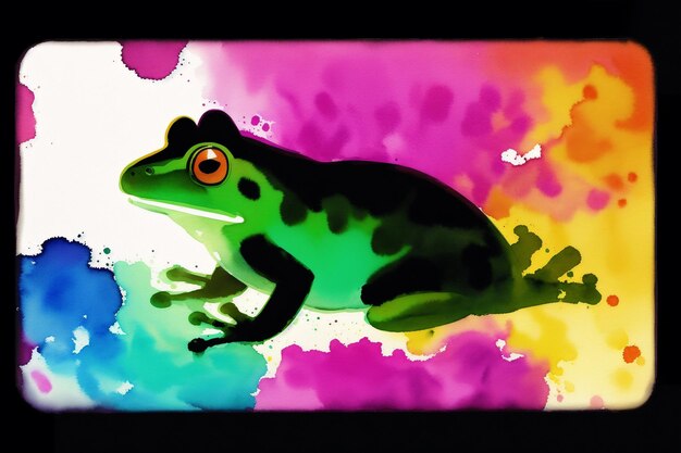 Kolorowa żaba z czarnym konturem i czerwonym okiem siedzi na kolorowym tle.