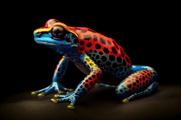 Kolorowa żaba z czarnym tłem i żółtymi oczami.