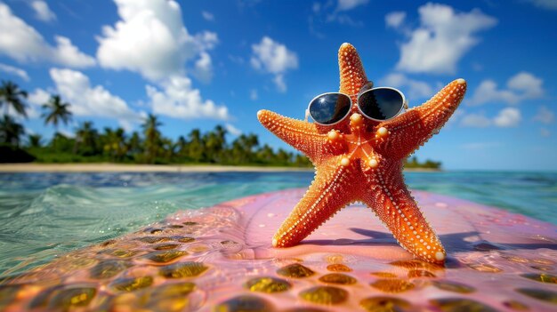 Zdjęcie kolorowa zabawka z gwiazdką morską pływająca na różowej desce surfingowej w falach oceanu letnia koncepcja relaksacji na plaży