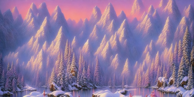 Kolorowa zimowa scena z górami i jeziorem.