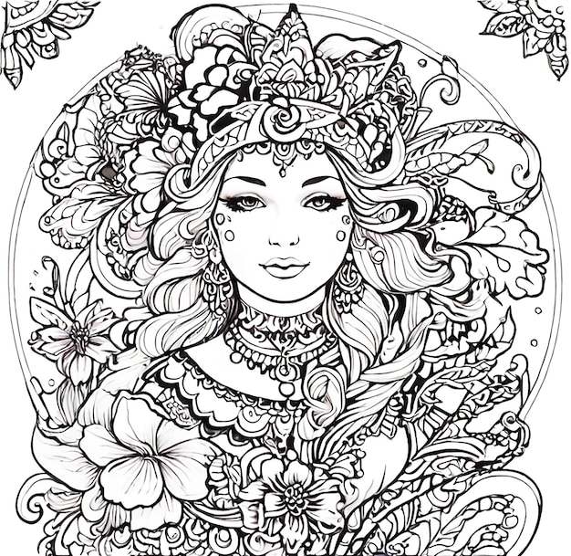 Kolorowanie czarno-białej królowej z dekoracyjnym wzorem kwiatowym i ozdobnym stylem mandali