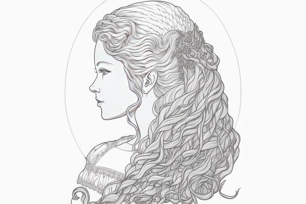 Zdjęcie kolorowanie piękna księżniczka fryzura myślą linie bez cienia szarej skali