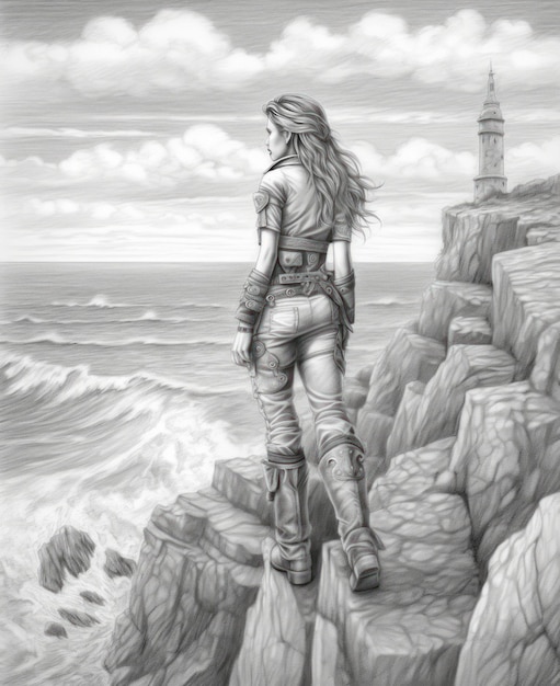 Kolorowanie stron dla dorosłych Młoda piękna dziewczyna patrząca na ocean steampunk styl szarości