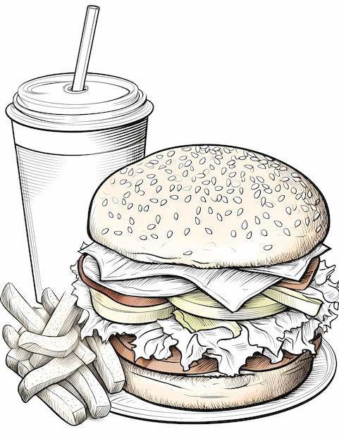 Kolorowanie stron dla dzieci burger i frytki w stylu kreskówek grube linie