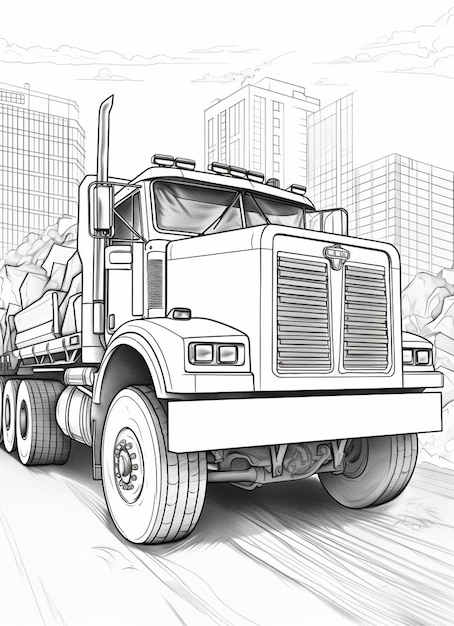 Zdjęcie kolorowanie stron dużej ciężarówki jadącej ulicą generatywną ai
