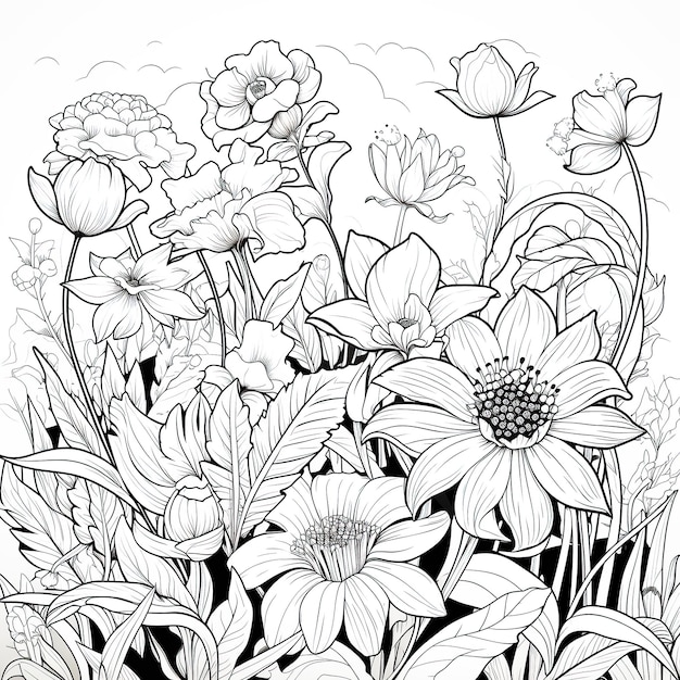 Zdjęcie kolorowanie stron z kwiatami na łożu kwiatowym w czarno-białym stylu monoliny