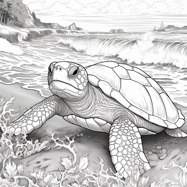 Kolorowanie stron żółwia na plaży z falami w tle generatywny ai