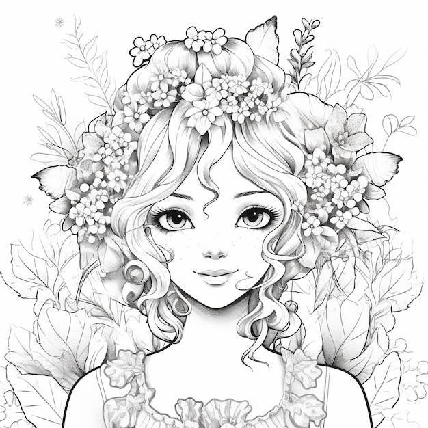 Kolorowanie Strona Dziewczyna Kręcone włosy z kwiatami Ilustracje dla dzieci i dorosłych