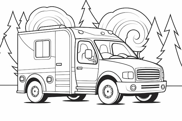 Kolorowanka Ambulans dla małych dzieci w stylu kreskówek, czarno-białe, wyraźnie określone linie
