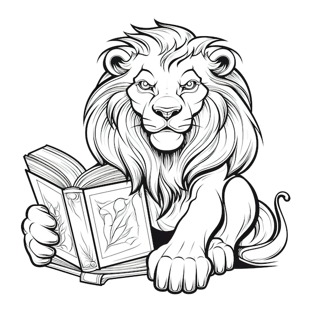 Kolorowanka dla dzieci przedstawiająca lwa z otwartą książką, która jest pusta i można ją pobrać do ukończenia