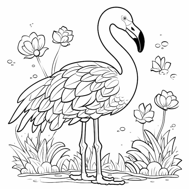 Kolorowanka przedstawiająca flaminga stojącego w trawie generatywnej ai