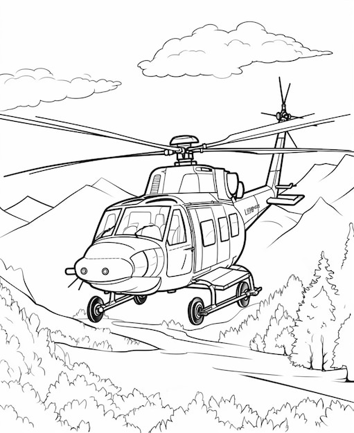 Kolorowanka przedstawiająca helikopter lecący nad górską generatywną ai