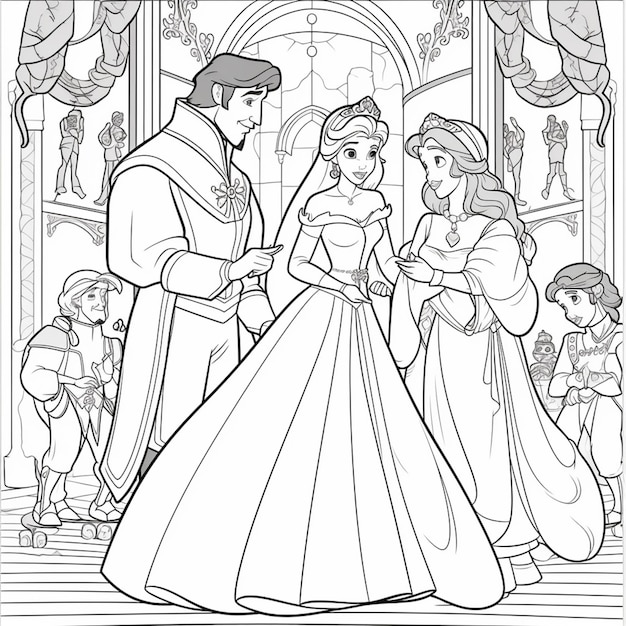 Kolorowanka przedstawiająca księżniczkę i księcia w sukni ślubnej generatywnej ai