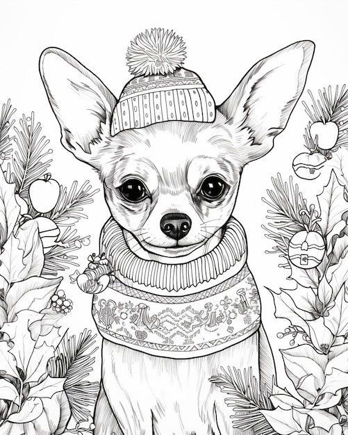 kolorowanka przedstawiająca psa chihuahua w zimowej czapce generatywnej AI