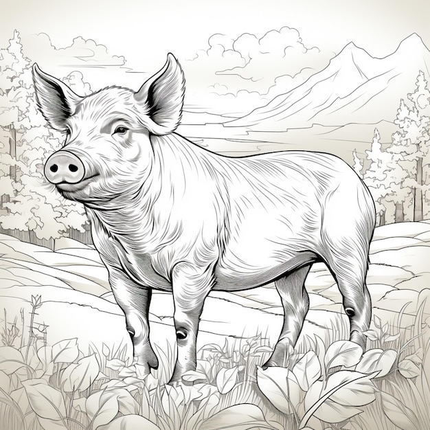 kolorowanka przedstawiająca świnię na polu z górami w tle generatywną ai