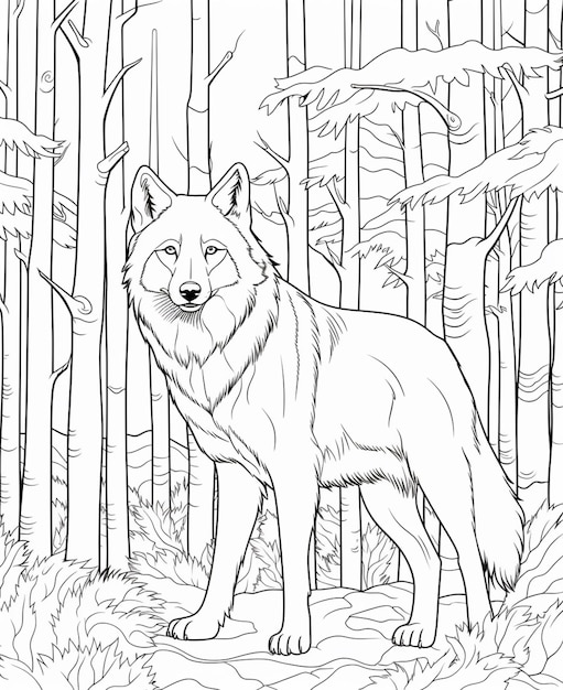 Kolorowanka przedstawiająca wilka stojącego w lesie generatywną ai