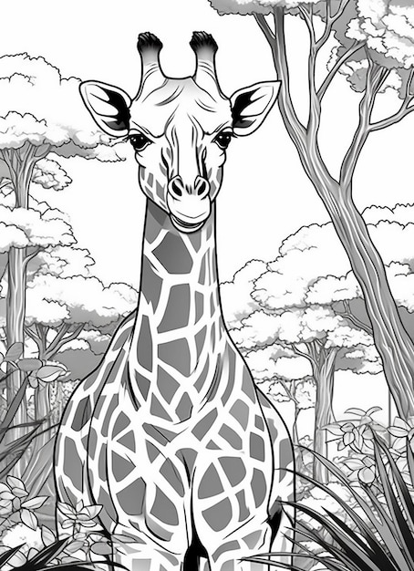 Zdjęcie kolorowanka przedstawiająca żyrafę stojącą pośrodku lasu generatywnego ai