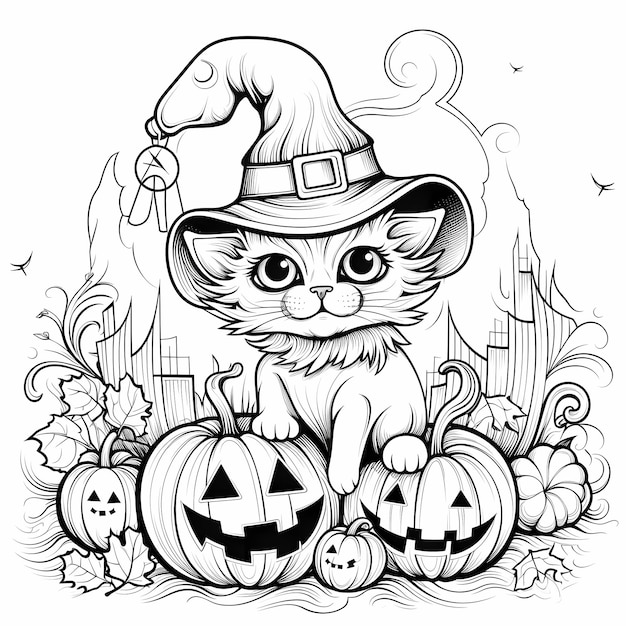 Kolorowanka Witchy Wiskers Halloween Cat z dynią i kapeluszem