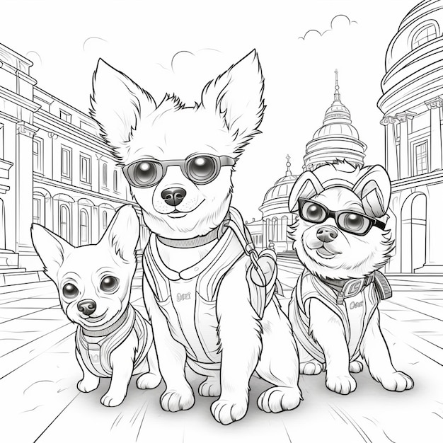 Zdjęcie kolorowanka z dwoma psami w okularach przeciwsłonecznych i plecakiem generatywnym ai