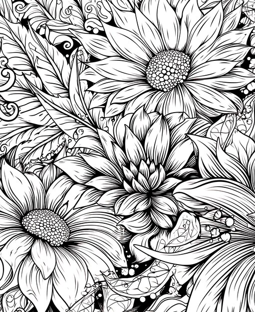 Kolorowanka z kwiatowym tłem kwiaty na białym tle Selektywny miękki fokus