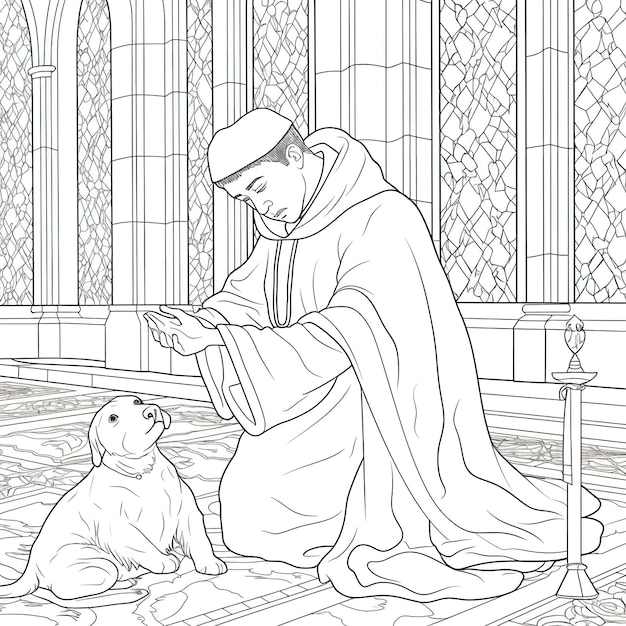 Kolorowanka z mężczyzną i psem w kościele.