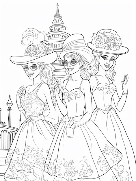 kolorowanka z trzema kobietami w sukienkach i kapeluszach generatywnych AI