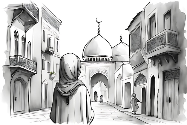 Kolorowanka z zasłoniętą muzułmańską dziewczyną do kolorowania i szkicu do druku