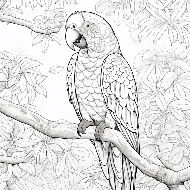 kolorowanki papugi siedzącej na gałęzi drzewa generatywnej AI