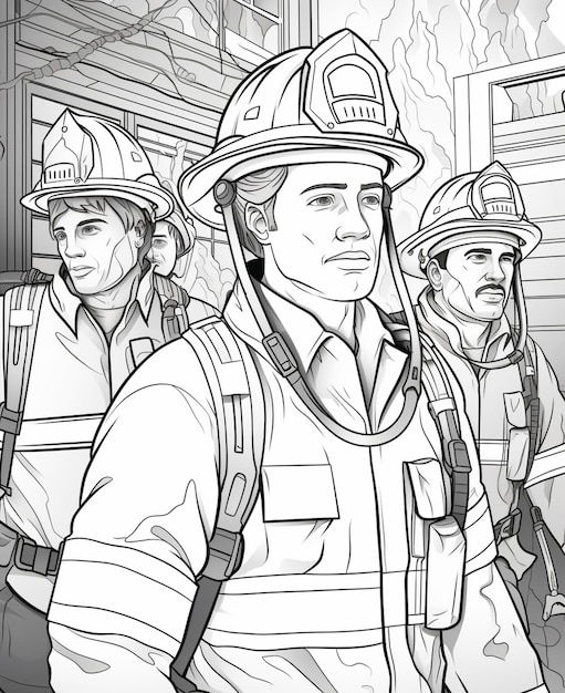 kolorowanki strażaków w mundurach stojących w linii generatywnej AI