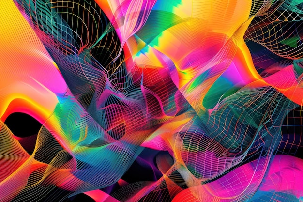 Kolorowe abstrakcyjne obrazy cyfrowe z kolorowymi wzorcami fal i żywą futurystyczną estetyką