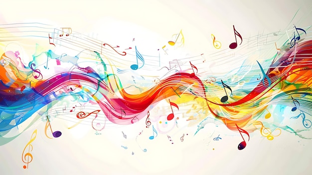 Kolorowe abstrakcyjne tło z płynącymi jasnymi falami i latającymi nutami muzycznymi