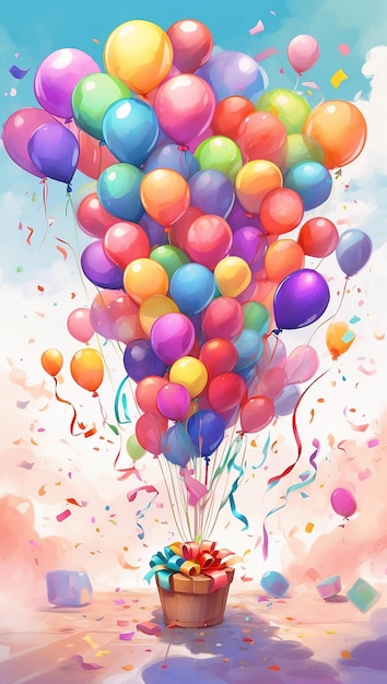 Zdjęcie kolorowe akwarelowe ilustracje balonów i prezentów na urodziny