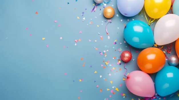 Kolorowe balony i konfetti na niebieskim stoliku widok festiwalny lub imprezowy tło płaski styl
