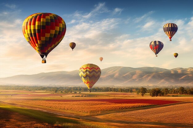 Kolorowe balony na gorące powietrze dryfują nad polami