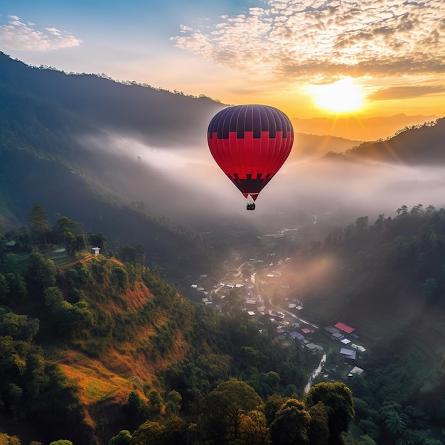 Kolorowe balony na ogrzane powietrze latające nad górami Piękny wieczorny widok na krajobraz z balonami