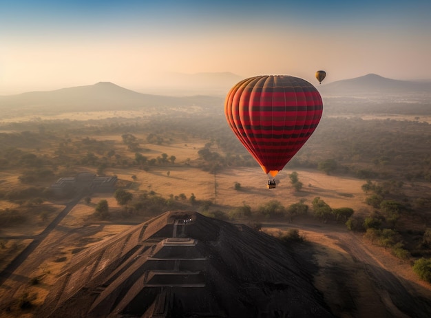 Kolorowe balony na ogrzane powietrze latające nad starożytną piramidą Teotihuacan w Meksyku