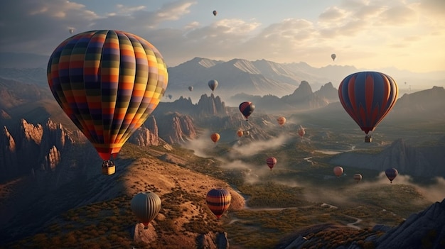 Kolorowe balony na ogrzane powietrze lotu przeciwko dramatycznej górskiej scenerii