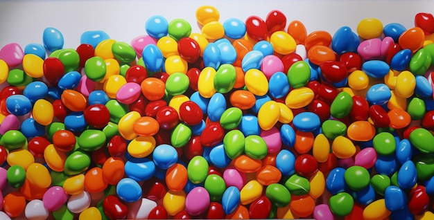 Kolorowe balony na tle miska z cukierkami jelly beans w szklanej misce jelly beans w szklanej misce