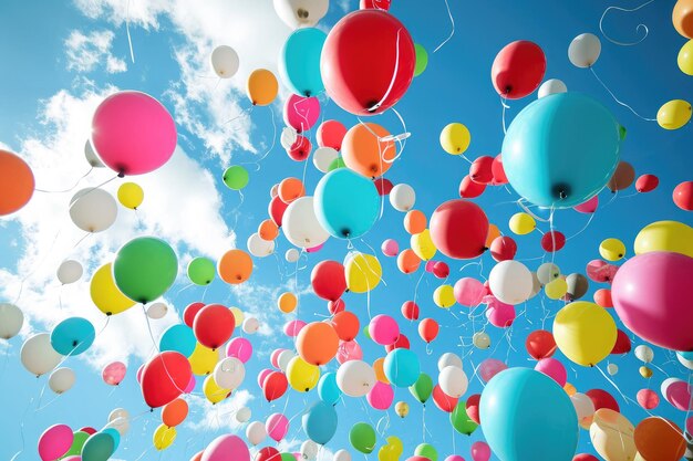 Kolorowe balony tworzą garstkę, gdy pływają w powietrzu na tle niebieskiego nieba Crescendo kolorowych balonów wznoszących się w kierunku nieba