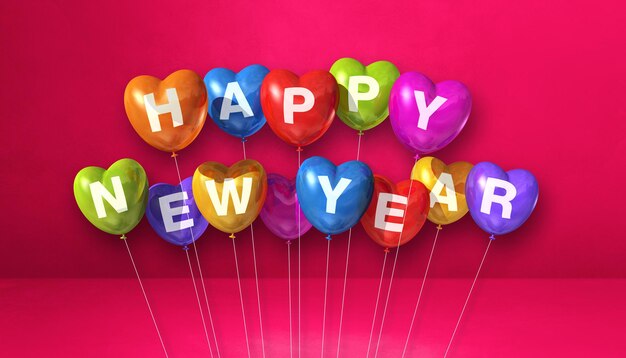 Kolorowe balony w kształcie serca szczęśliwego nowego roku na różowym tle betonu. Baner poziomy. Renderowanie ilustracji 3D