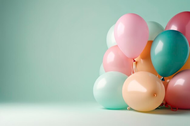 Kolorowe balony z helem na jasnym pastelowym tle z wolnym miejscem na tekst Wystrój z okazji urodzin, ślubu lub baby shower Kreatywny pomysł na kartkę z życzeniami na imprezę i uroczystość Wygenerowane przez AI