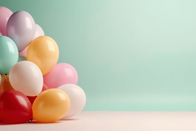 Kolorowe balony z helem na jasnym pastelowym tle z wolnym miejscem na tekst Wystrój z okazji urodzin, ślubu lub baby shower Kreatywny pomysł na kartkę z życzeniami na imprezę i uroczystość Wygenerowane przez AI