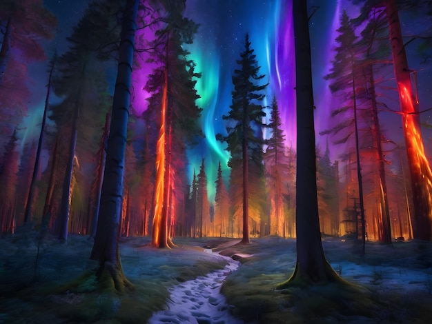 Zdjęcie kolorowe blask na wysokich drzewach w lesie