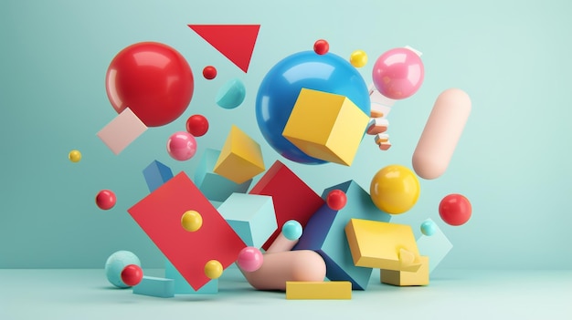 Kolorowe bloki i kształty w kapryśnym układzie w stylu 3D odizolowane latające obiekty w stylu Memphis renderowanie 3D generowane przez AI ilustracja