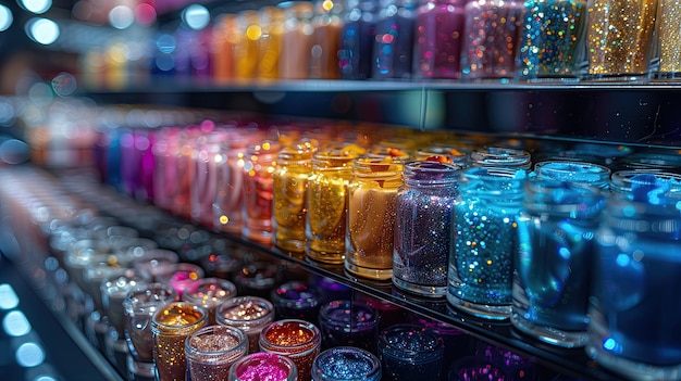 Zdjęcie kolorowe butelki lakieru do paznokci na półce w salonie piękności