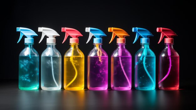 Zdjęcie kolorowe butelki ze sprayem do czyszczenia na czarnym tle