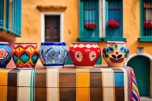 Kolorowe ceramiczne garnki siedzą na stole przed żółtym budynkiem.