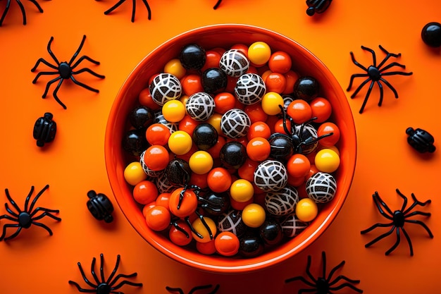 Kolorowe cukierki Halloween w czarnej misce pajęczej na pomarańczowym tle