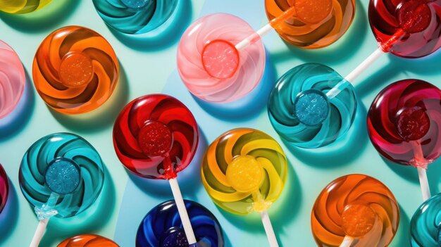 Kolorowe cukierki i słodycze Spiralne lizaki w kolorze tęczy Ilustracja generatywna AI